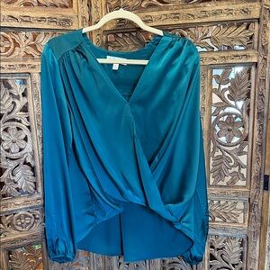 She + Sky Teal Satin Surplice Long-Sleeve Blouse